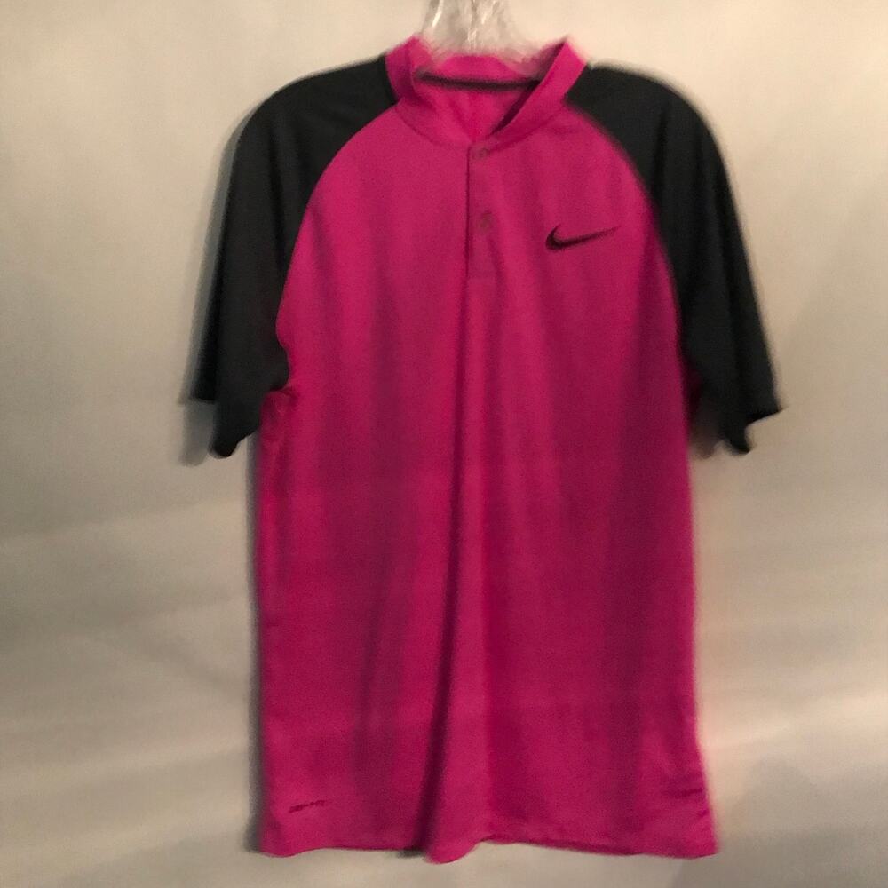 Nike Womens Top Dri Fit Bright Pink Gray Short Sleeve Button Front Nike Swoosh M